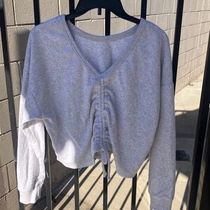Stylish Light Gray V-Neck Ruched Sweatshirt